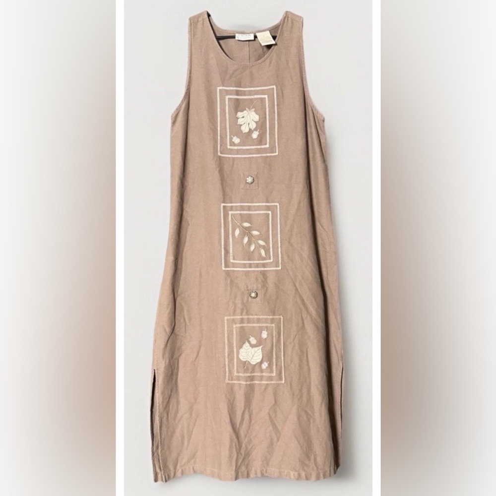 Erika Collection Linen Cotton Sleeveless Embroidered Dress – M